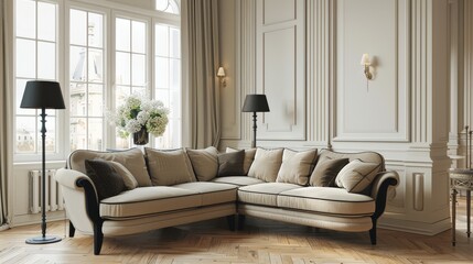 Fototapeta premium Elegant Beige and Black Corner Sofa with Wooden Flooring, Light-Colored Walls, and Sunlit Windows, Enhanced by Fresh Flowers on the Coffee Table
