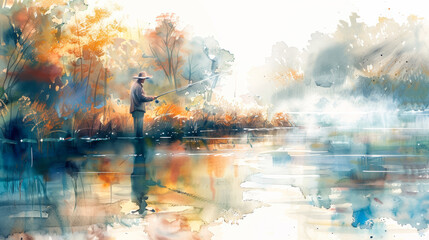 Man fishing at tranquil riverbank, watercolor scene embodying summer patience and solitude 