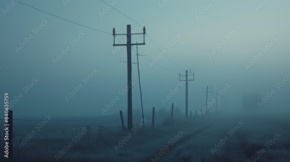 Poster a foggy morning with electricity poles fading into the distance, creating a mysterious and atmospher