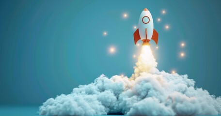 Launching into Innovation: Rocket Ship Blasting off from a Cloud of Ideas in Digital Drawing