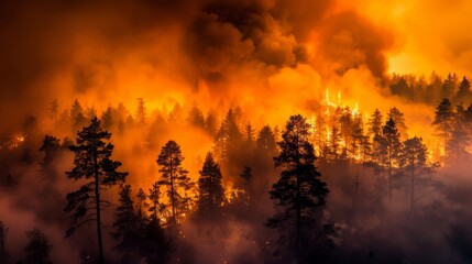 A forest on fire with thick smoke filling the air, representing the increasing frequency and intensity of wildfires due to global warming
