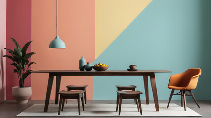 Modern table in front of colored wall minimalist. Generative AI