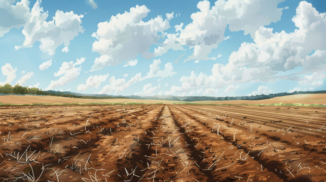 Watercolor illustration of a barren field showing severe soil compaction and reduced crop growth 