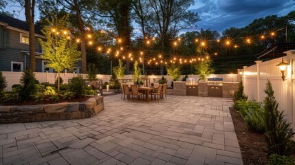 Obraz premium Elegant Outdoor Patio with Paver Patterns, String Lights, BBQ Grill, and Warm Evening Lighting in a New England Suburban Landscape