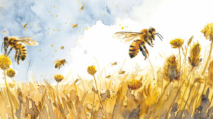 Watercolor illustration of a bee population decline affecting pollination and agricultural productivity in farmland 