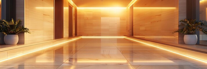 Hallway Wall Mockup Closeup of a minimalist hallway with a blank wall, ideal for gallery wall or directional signage mockups, featuring clean lines and modern lighting