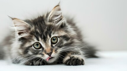 The adorable antics of a fluffy grey kitten, its long hair tousled and vibrant green eyes gleaming mischievously as it licks its lips while lying on a clean white surface, offering a charming scene 