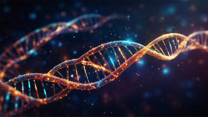 Fototapeta premium Colorful DNA helix over brilliant dark background. Science, bigdata, medical research, human-AI merge, wallpapers.