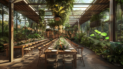 Ultra-detailed scene of an eco-friendly wedding venue featuring green decor sustainable catering and carbon offset initiatives promoting environmentally conscious celebrations