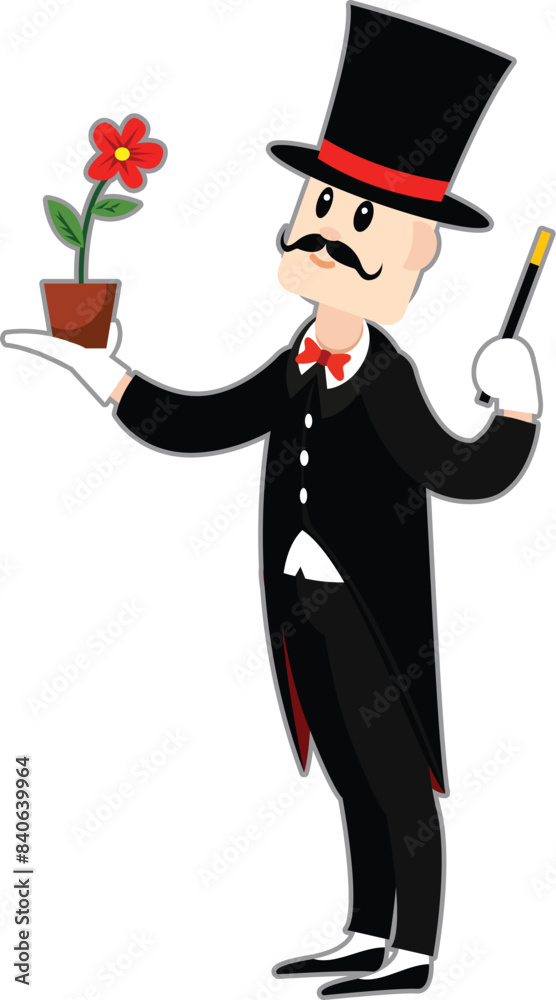 Wall mural charming illustration of a cartoon magician holding a flower pot, showcasing classic entertainment