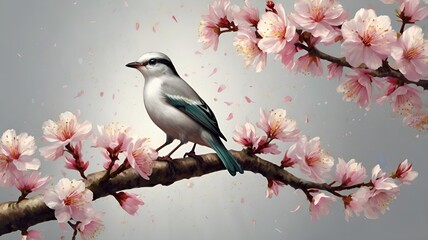 Fototapeta premium Granater AI A bird perches on a cherry blossom branch, showcasing the delicate beauty of nature.