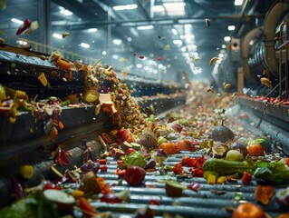 Food Waste On Conveyor Belt in a recycling facility, depicting various organic materials and food scraps being processed.