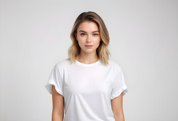 Portrait of young woman standing against white backgrounds