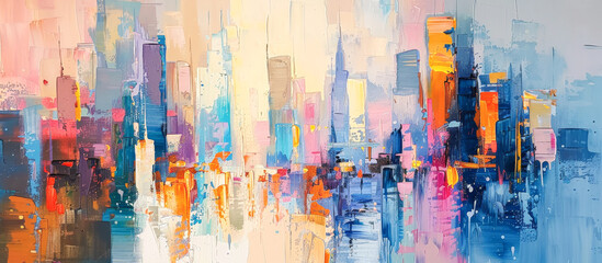 Obraz premium Abstract Cityscape Painting: Vibrant Urban Skyline in Pastel Colors