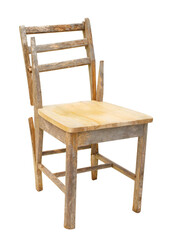 Worn and broken wood chair isolated on white