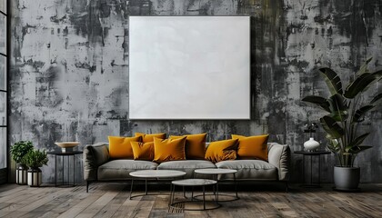 A photo of a large square blank white canvas on the wall in an empty room, with yellow pillows and black side tables, against a textured grey cement background