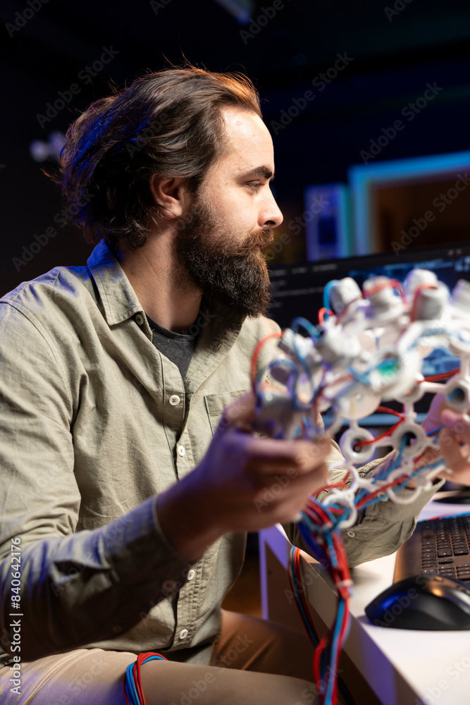 Poster computer scientist using eeg headset to upload his mind into computer, attaining immortality. softwa
