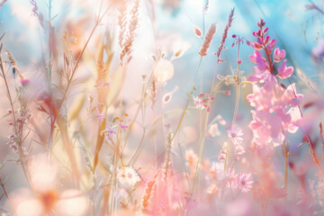 Beautiful idyllic flower meadow with different blooming flowers and grass close up