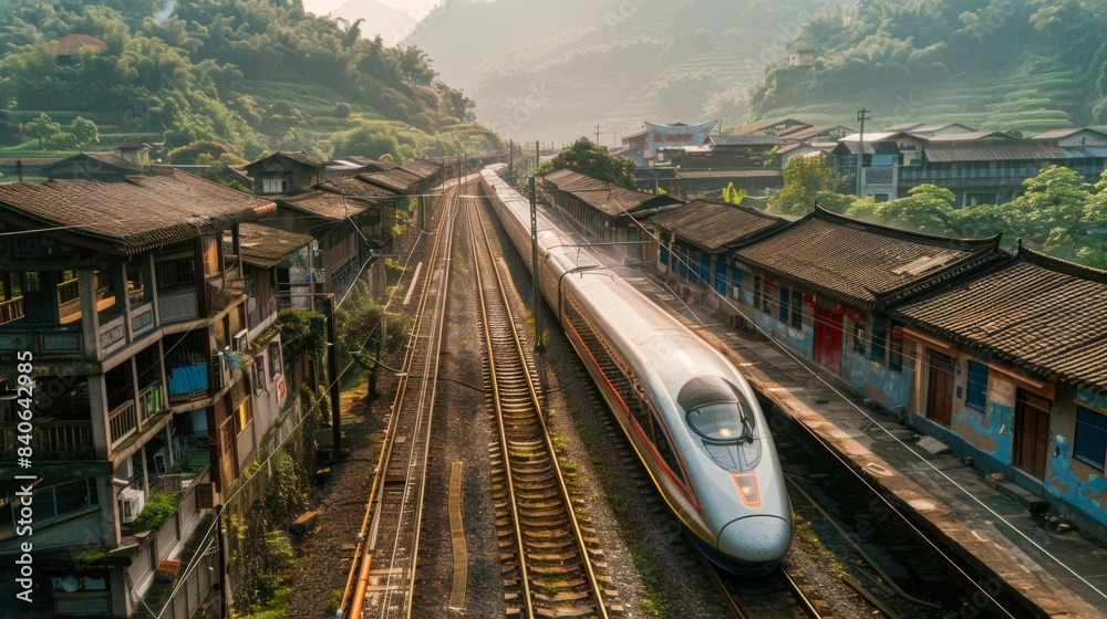 Aufkleber a high-speed train passing through a rural village, showing the connection between remote areas and 