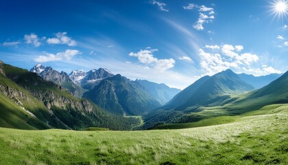 Obraz premium A picturesque valley background with a wide area for text, highlighting mountains, a blue sky, and a sweeping expanse of grass.