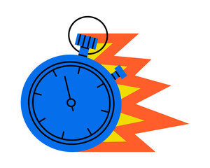 Hand drawn cute illustration of timer clock on fire. Flat vector vintage time measurement device in colored doodle style. Stopwatch sticker, icon. Deadline, limited in time, countdown. Isolated.