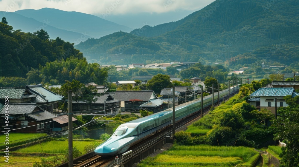 Poster a high-speed train passing through a rural village, showing the connection between remote areas and 
