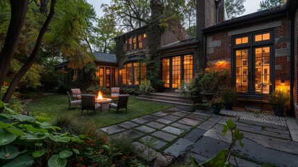 Fototapeta premium Charming Back Patio with Stone Pavers, Firepit, and Cozy Seating Area on an Autumn Evening in Front of a Two-Story Cottage Style Home with Wood Shingles