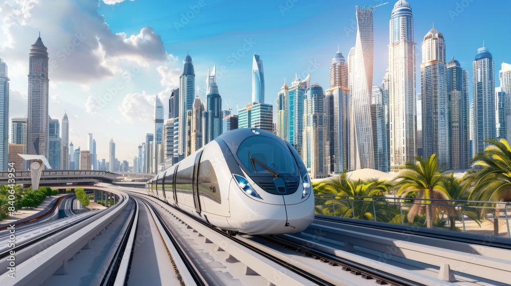 Poster a high-speed train with a city skyline in the background, showcasing the integration of modern rail 