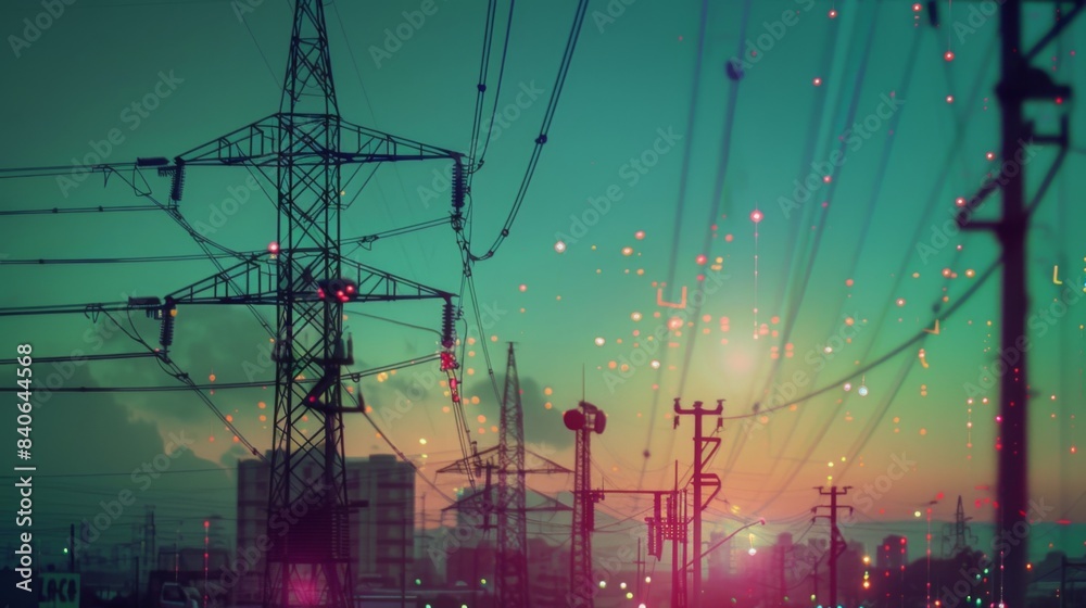 Aufkleber a high-voltage transmission tower in the background with smaller electricity poles in the foreground