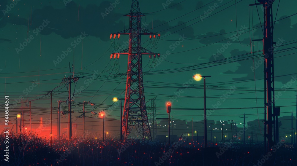 Poster A high-voltage transmission tower in the background with smaller electricity poles in the foreground, showing different scales of electrical distribution