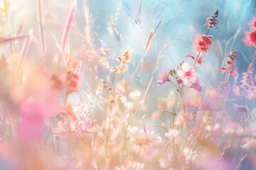 Beautiful idyllic flower meadow with different blooming flowers and grass close up