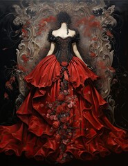 Fototapeta premium Fantasy painting of a luxury dress, matt black red grunge background with shiny silver metallic baroque decorations