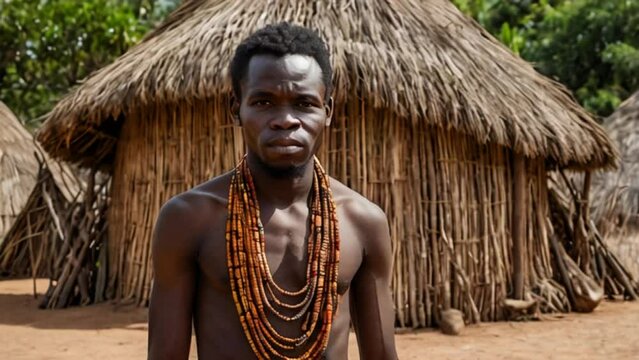 African man from an ancient tribe posing in front of his straw hut, looking at the camera video animation
