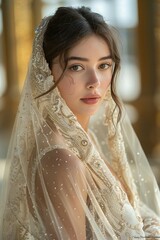 Naklejka premium A photo of an elegant bride in her wedding dress, featuring intricate lace and beaded details with veil