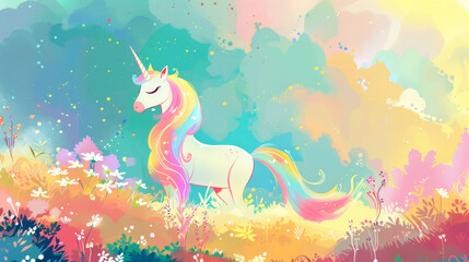 Obraz premium A colorful unicorn is standing in a field of flowers. Scene is cheerful and whimsical, as the unicorn is surrounded by a vibrant and lively scene
