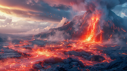 A stunning depiction of a volcanic landscape at dusk, with molten lava flowing down craggy mountains, creating a vivid contrast with the surrounding dark and misty terrain.