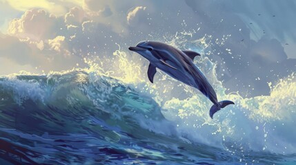 Fototapeta premium A majestic dolphin leaping gracefully out of the sparkling ocean waves, showcasing the beauty and agility of these intelligent marine creatures