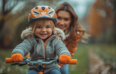 Obraz premium A cute little girl rides a balance bike with her mother walking behind on a sunny day