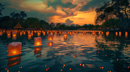 A beautiful image of hundreds of lanterns with peace messages floating on a river during twilight