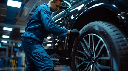 Obraz premium Car mechanic in a blue uniform working on a black SUV at a workshop