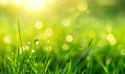 Obraz premium Beautiful water drop on a green grass leaf close up. Background with copy space for your text, banner design. Beautiful natural background. Spring or summer concept. Soft blurred light natural colors 