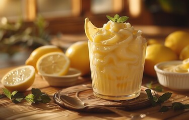 Panna cotta with lemon cream in a glass, next to a bowl of cut lemons and a spoon