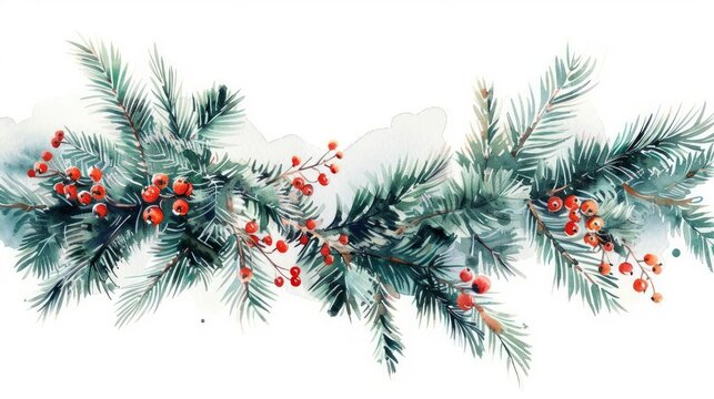 A futuristic watercolor illustration of a Christmas garland featuring sleek