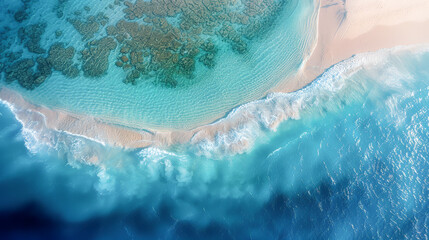 Fototapeta premium High-angle aerial view of a stunning white sand beach with clear turquoise waters and coral reefs.