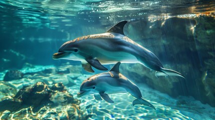 A mother dolphin swimming alongside her calf, tenderly guiding and teaching her young offspring in their underwater world