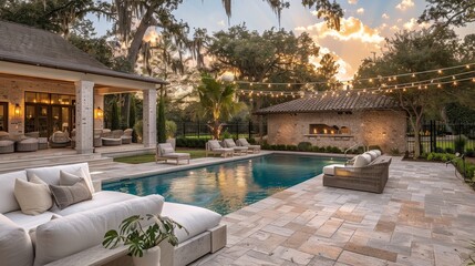 Modern Front Entrance and Patio with Concrete Pavers, Low Seating, Large Windows, and Black Water Pool in Livermore, California