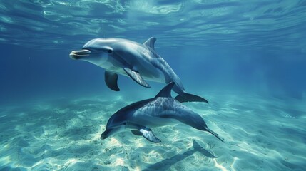 Naklejka premium A mother dolphin swimming alongside her calf, tenderly guiding and teaching her young offspring in their underwater world