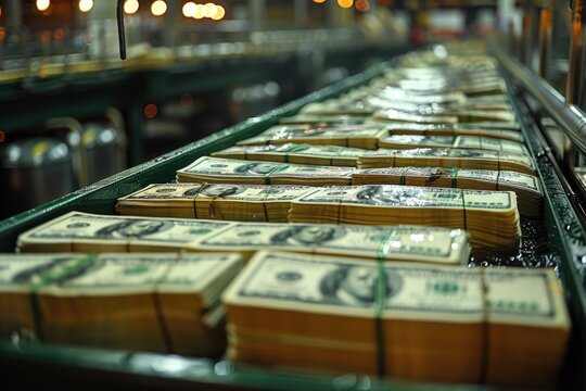 Wealth concept showcasing multiple stacks of US dollar bills moving on a laundering conveyor belt in an industrial environment