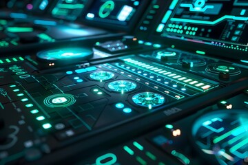Fototapeta premium Futuristic Digital Control Panel with Glowing Knobs and Screens on Dark Surface