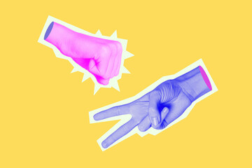 Composite sketch illustration creative photo collage of human fingers hands play rock scissors paper isolated on yellow color background